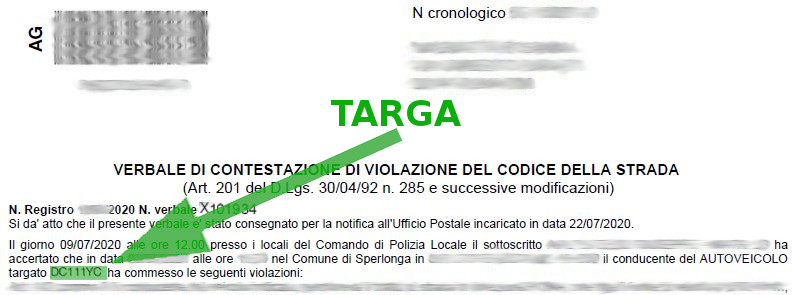 Immagine che descrive come recuperare la targa